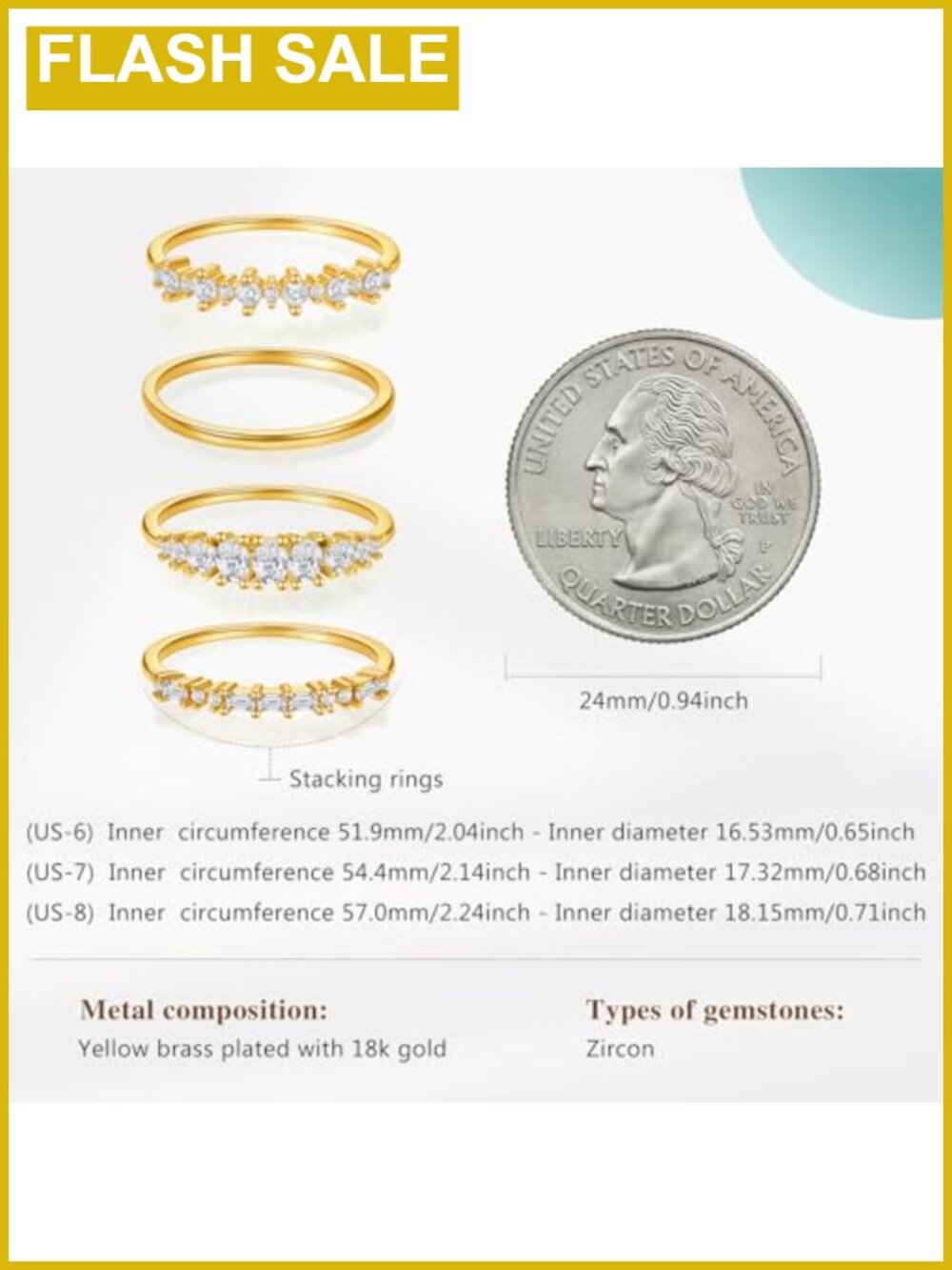 18K Gold Plated Stackable Rings Set Cubic Zirconia Pave Stacking Rings - Picture 5 of 6